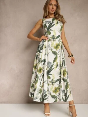 Biała Sukienka w Roślinny Wzór z Bawełny o Rozkloszowanym Kroju Korlio elsa.m by may