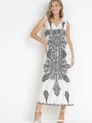 Biała Sukienka w Stylu Boho z Gumką w Talii i Sznurkami przy Ramionach Niree j&x