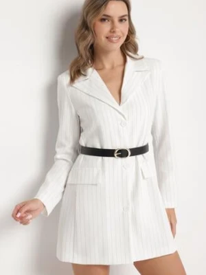 Biała Sukienka w Stylu Marynarki z Wiskozą z Usztywnioną Linią Ramion w Paski Nevolia new collection