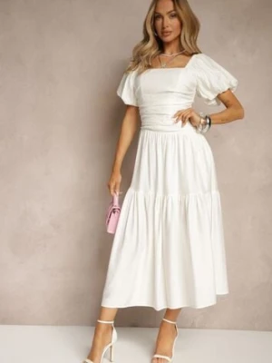 Biała Sukienka Wiskozowa Drapowana z Rozkloszowanym Dołem Naprine unigirl