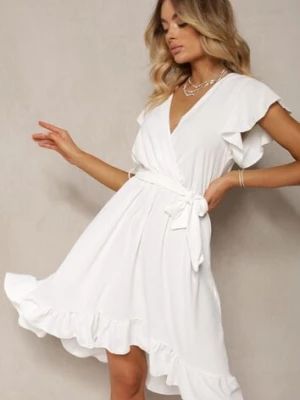 Biała Sukienka z Asymetrycznym Tyłem z Kopertowym Dekoltem Ozdobiona Paskiem w Talii Toridia lovery