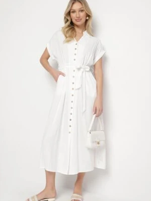 Biała Sukienka z Bawełny o Koszulowym Kroju z Wiązanym Paskiem Elanitiela m&d fashion