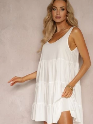 Biała Sukienka z Bawełny o Rozkloszowanym Kroju Ozdobiona Falbankami Tessah