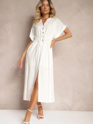 Biała Sukienka z Bawełny z Górą o Koszulowym Kroju Ściągana w Pasie Viklia