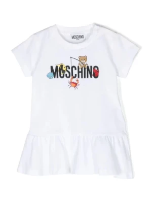 Biała Sukienka z Bawełny z Wykończeniami w Prążki i Nadrukiem Logo Moschino