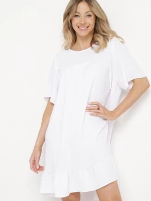 Biała Sukienka z Falbanką o Rozkloszowanym Fasonie Mini Kerminna