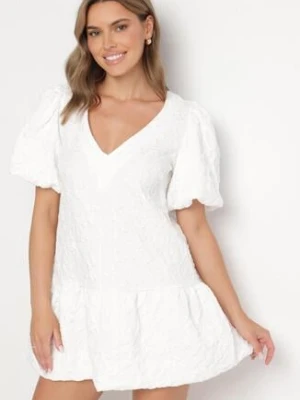 Biała Sukienka z Falbanką w Bombkę i Rękawami z Gumką Ninistea retro & icone