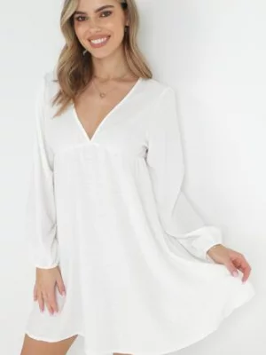 Biała Sukienka z Głębokim Dekoltem i Gumką w Pasie Lisia