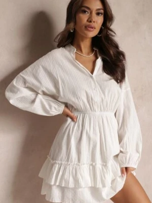 Biała Sukienka z Gumką w Pasie i Falbanką Amee retro & icone