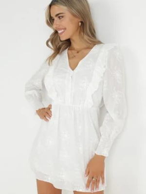 Biała Sukienka z Haftowanej Tkaniny z Gumką w Pasie Micromi retro & icone