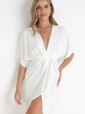 Biała Sukienka z Kopertowym Dekoltem i Rękawem Nietoperz Eupfia j studio