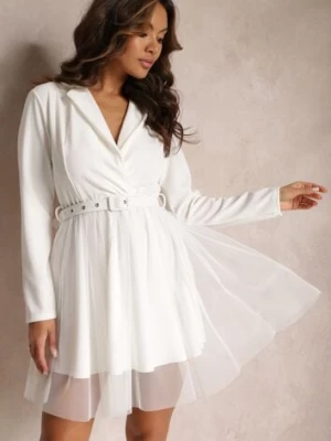 Biała Sukienka z Kopertowym Dekoltem i Tiulowym Dołem z Paskiem Kailana pretty