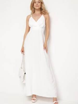 Biała Sukienka z Kopertowym Dekoltem na Cienkich Ramiączkach Piamena