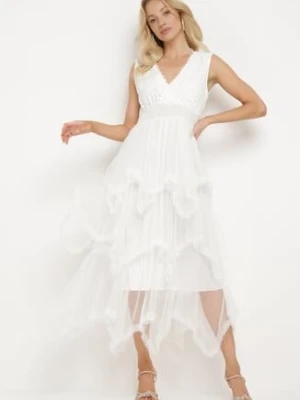 Biała Sukienka z Kopertowym Dekoltem Wiązaniem na Plecach i Asymetrycznym Dołem z Siateczki Helolla rosa