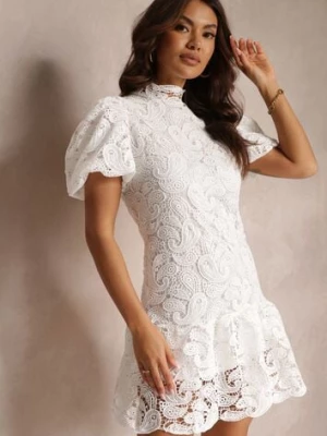 Biała Sukienka z Koronkowym Haftem Paisley i Bufiastymi Rękawami Briena elsa.m by may