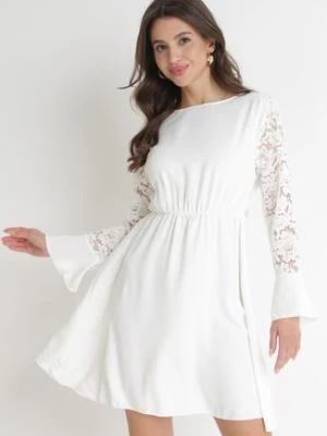 Biała Sukienka z Koronkowymi Rękawami i Gumką z Wiązaniem w Talii Vubatia lily rose
