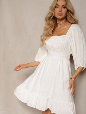 Biała Sukienka z Lnem i Wiskozą Wykończona Podszewką Falbanką i Gumką w Talii Alzemia bisou's project