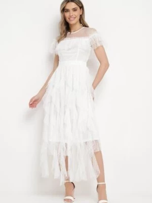 Biała Sukienka z Przezroczystego Materiału Rozkloszowana Ozdobiona Koronką Pela