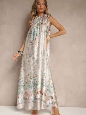 Biała Sukienka z Satyny Zdobiona Kwiatowym Wzorem i Wiązaniem Fenalesa pretty