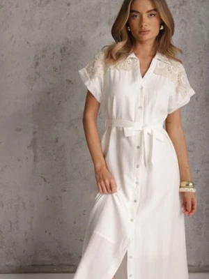 Biała Sukienka z Wiskozą i Lnem o Koszulowym Kroju z Szydełkową Aplikacją Tyrielle m&d fashion