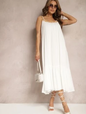 Biała Sukienka z Wiskozy na Ramiączkach Zdobiona Cekinami i Metaliczną Nitką Beloe rosa