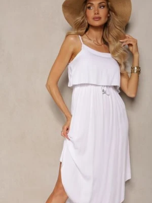 Biała Sukienka z Wiskozy na Regulowanych Ramiączkach z Falbanką Quirala metro five