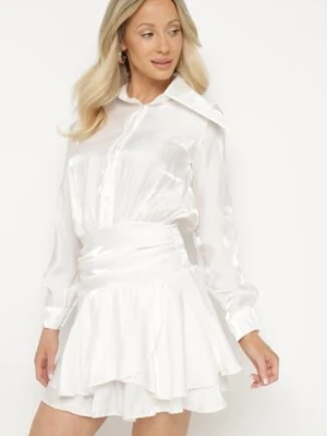Biała Sukienka z Wiskozy o Koszulowym Kroju z Falbankami Liova allyson