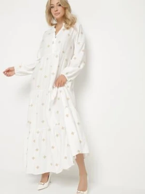 Biała Sukienka z Wiskozy o Rozkloszowanym Kroju z Ozdobnym Haftem Nalariel maja studio