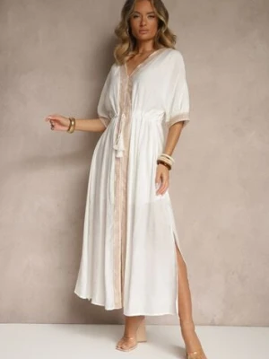 Biała Sukienka z Wiskozy Ozdobiona Ażurowymi Wstawkami Aloviana rosa