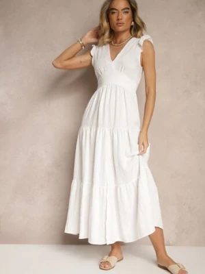 Biała Sukienka z Wiskozy Ozdobiona Falbankami Sadovene cflo