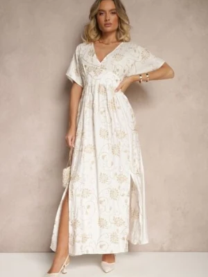 Biała Sukienka z Wiskozy Ozdobiona Haftem i Metaliczną Nicią Ivelvesa maja studio