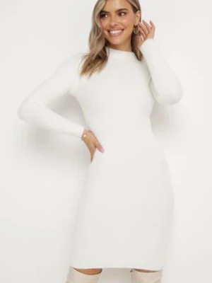 Biała Sweterkowa Sukienka Midi Wełniana z Prążkowaną Fakturą Johnnath j&x