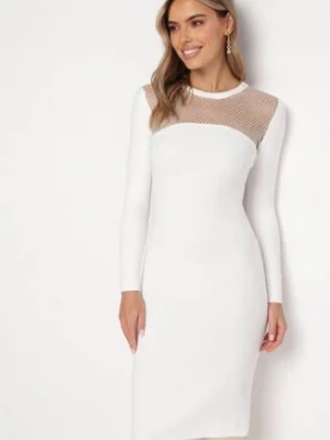 Biała Sweterkowa Sukienka Midi z Okrągłym Dekoltem i Ozdobnymi Cyrkoniami Adorne