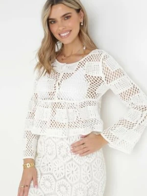 Biała Szydełkowa Bluzka z Falbanką z Bawełny Hokna rosa