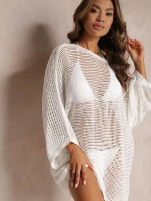 Biała Szydełkowa Narzutka Tunika z Szerokim Rękawem Narley rosa