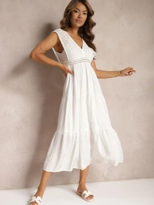Biała Szydełkowa Sukienka Maxi z Głębokim Dekoltem i Falbanką na Dole Annama bisou's project