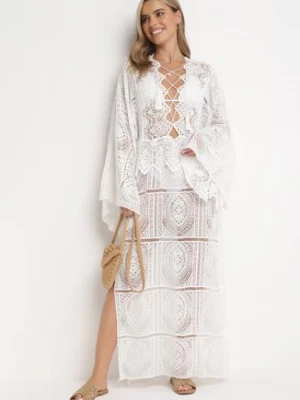 Biała Szydełkowa Sukienka Maxi z Wiązaniem Vaskoppe rosa