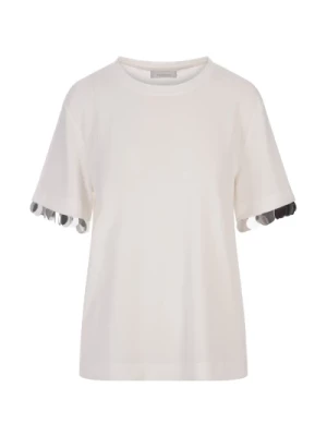 Biała T-shirt z cekinami i dekoltem w serek Paco Rabanne