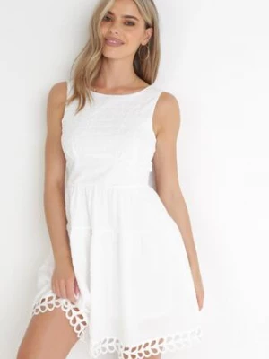 Biała Taliowana Sukienka Mini z Ozdobną Koronką Veronisa