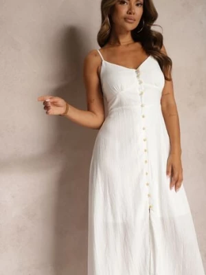 Biała Taliowana Sukienka na Guziki na Ramiączkach z Regulacją Quafea