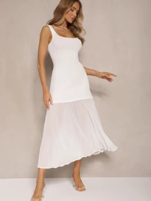 Biała Taliowana Sukienka na Ramiączkach z Prążkowanej Tkaniny z Tiulem Nolzedi giorgia