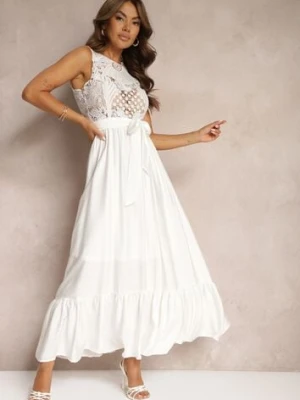 Biała Taliowana Sukienka Ozdobiona na Górze Ażurowym Wzorem Nahine allyson