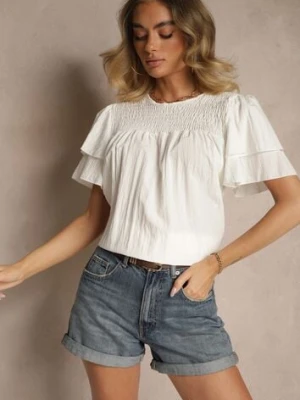 Biała Trapezowa Bluzka z Wiskozą Zdobiona Falbankami i Elastyczną Wstawką Mirlimi new collection