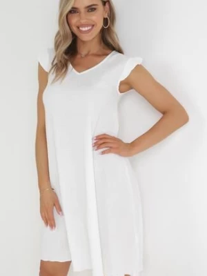 Biała Trapezowa Sukienka Midi z Falbankami przy Ramionach z Tłoczonej Tkaniny Karilena