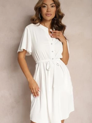 Biała Trapezowa Sukienka z Dekoltem Zapinanym na Guziki i Materiałowym Paskiem w Talii Vikiiraes unigirl
