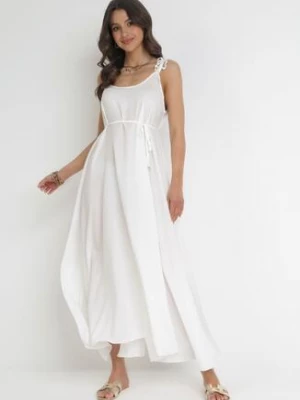 Biała Trapezowa Sukienka z Wiązanymi Ramiączkami i Sznurkiem w Talii Feminia