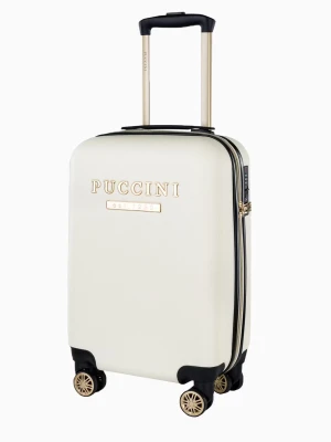 Biała walizka kabinowa z eleganckim napisem Puccini