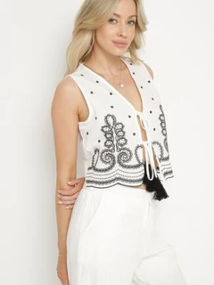 Biała Wiązana Kamizelka z Bawełny Ozdobiona Haftem i Chwostami Weralia melya by melody
