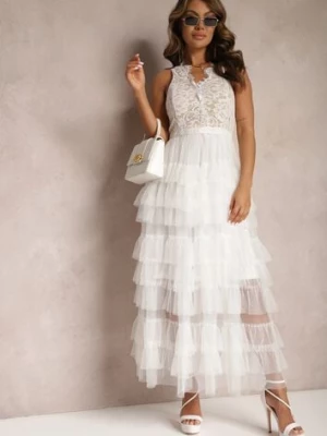 Biała Wieczorowa Sukienka Maxi Ozdobiona Koronką i Falbanami Fariel elsa.m by may