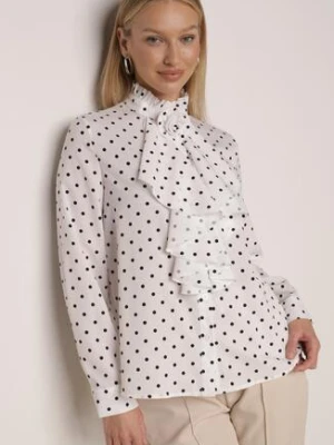 Biała Wiskozowa Koszula w Kropki ze Stójką z Ozdobnymi Falbanami Isamene elsa.m by may
